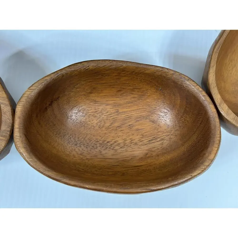 Vintage Wavy Oval Real Teak Wood Salad‎ Bowl Set Gorgeous Wood Grain 9 Niece